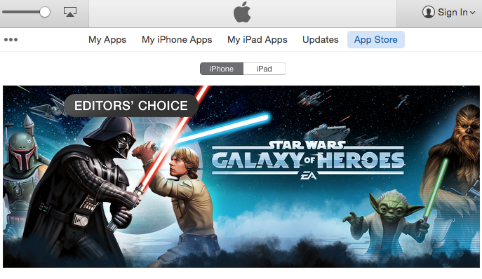 Star Wars Galaxy of Heroes iTunes Top Slot Promotion