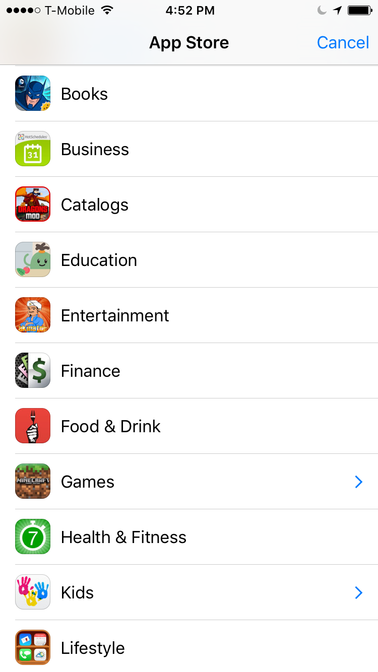 Top Level Categories iOS App Store